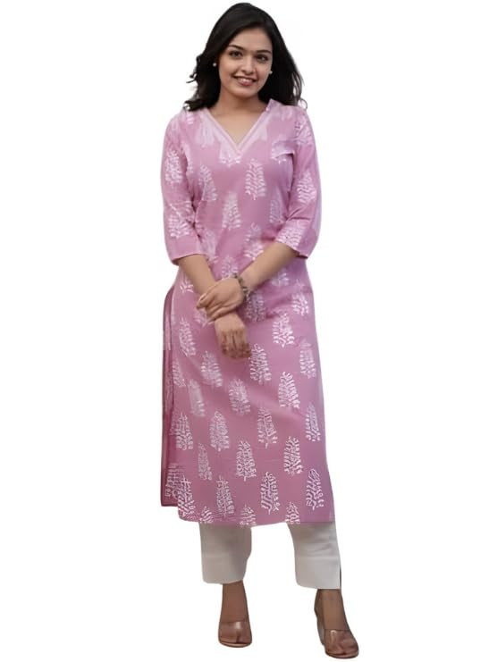 Long Kurti for Women | A-Line Kurta | V Neck Tunic for Women | 3/4 Sleeve Straight Kurta | Pink