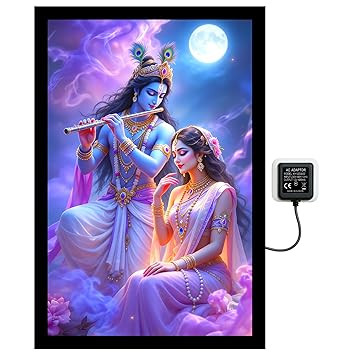 LED Backlit Radha Krishna Wall Art, Framed Religious Poster, Hindu Deity with Flute, Purple Blue Theme, AC Adapter Included