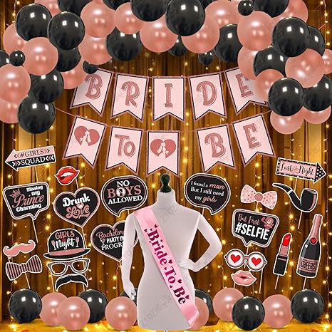 Bachelorette Party Decorations Kit | Bridal Shower Party Supplies - Bride To Be Paper Banner, Photo Booth Props, Balloons with Sash (Pack Of 48)