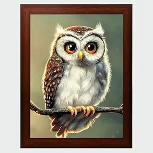 Owl Painting Digital Reprint Trendy Fancy Room Home Office Wall Decoration With Brown Textured Frame (10Inches X 13.5Inches)