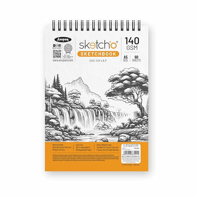 Sketch-O Sketchbook A5 | 60 Sheet 120 Pages | 140GSM | Durable Acid Free Drawing Paper |Top Spiral-Bound Sketchpad for Artists Kids & Professionals for Marker Colored Pencil Charcoal