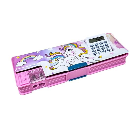 Plastic Unicorn Printed Pencil Box With Calculator, Dual Sharpener, Pen & Pencil Holder, Magnetic Door Closure And Birthday Party Return Gift For Kids.Calculator Pencil Box,(Pink)