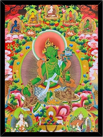 Green Tara Maa Thangka Painting with Frame | Tibetan Buddhist Goddess Wall Decor for Meditation Room, Yoga Space, Home Temple & Living Room | Spiritual Wall Art | 10x13 Inch