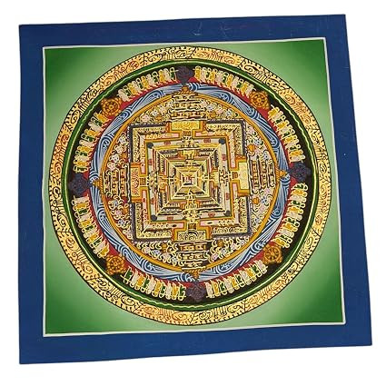 Tibetan Kalachakra Mandala Thangka Painting, Green and Blue | Wall Art Decor, Buddhist Spiritual Theme