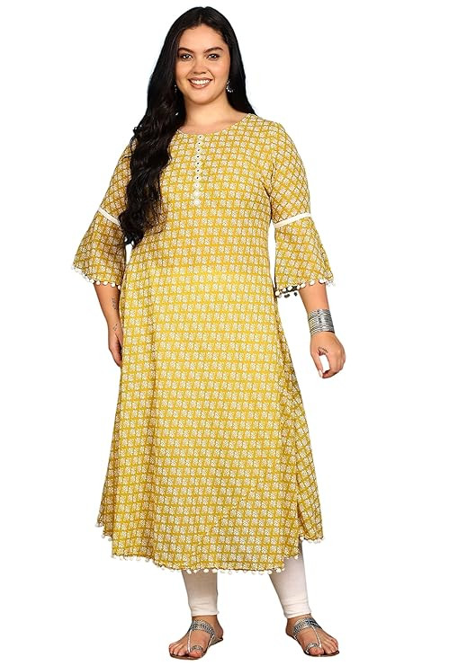 Women's Cambric Cotton Printed Kurta Mirror Work A-Line, Perfect Ethnic Wear