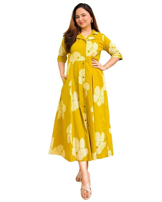 Floral Printed A-Line Flared Kurti, Collor Nack, 3/4 Sleeves