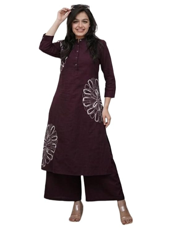 Cotton Blend Embroidered A-Line Kurta with Palazzo for Women | Cotton Blend Orange | 3/4 Sleeve | Mandarin Collar | Ethnic Wear Casual Wear