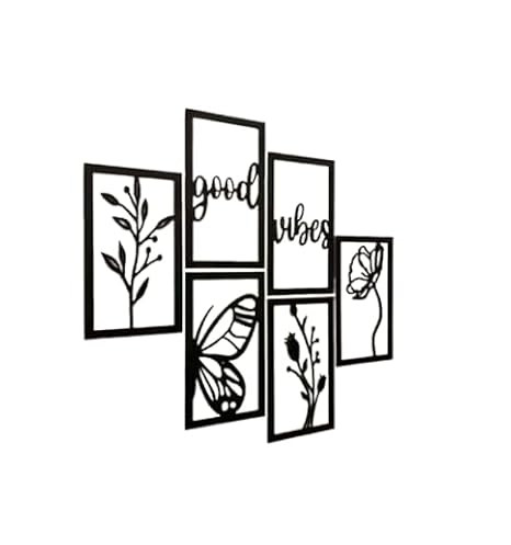 Black Metal Wall Sculpture, and Floral Framed Panel Art, 6 Piece Set