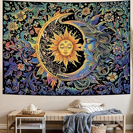 Tarot Style Sun and Moon Tapestry Psychedelic Mystic Floral Tapestry Hippie Boho Flower Plants Wall Tapestry Vintage Aesthetic Tapestry Wall Hanging for Bedroom
