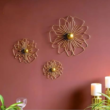 Metal Flower Wall Art Set of 3 | Golden & Black Iron Floral Wall Decor | Modern 3D Hanging Wall Sculpture for Living Room, Bedroom, Hallway & Office