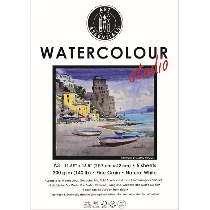 Art Essentials Watercolor Studio Natural White Medium Surface 300 GSM Paper, Pack of 5, A3, Acid Free Papers for Water Color, Gouache, Poster Colour, Ink, Acrylic, Mixed Media, Art Painting, Drawing