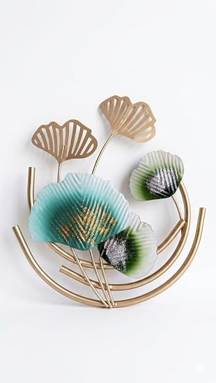 Modern Metal Wall Art Leaf Design | Premium Large Ginkgo Design Wall Hanging Decor for Living Room, Bedroom & Office | Elegant Gold & Green Wall Sculpture | Sculpture with Green and Teal Accents, 3D Iron Floral Wall Art Home Decoration Accent Piece.
