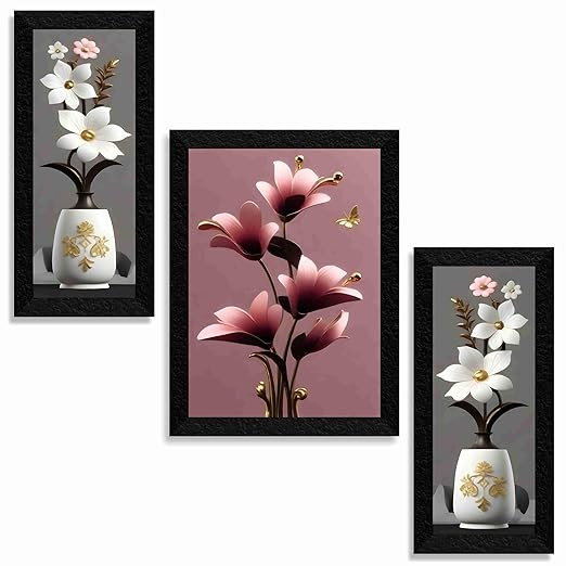 SAF flower pot Paintings for Wall Decoration - Set Of 3, 3d modern art Painting for Living Room Large Size with Frames for Home Decoration, Hotel, Office painting 61 cm x 36 cm S36037