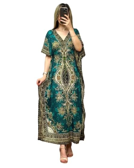 Women's Kaftan Dress – Bohemian Printed V-Neck Long Maxi Caftan with Loose Fit & Elegant Design (Kaftan-Kurti)