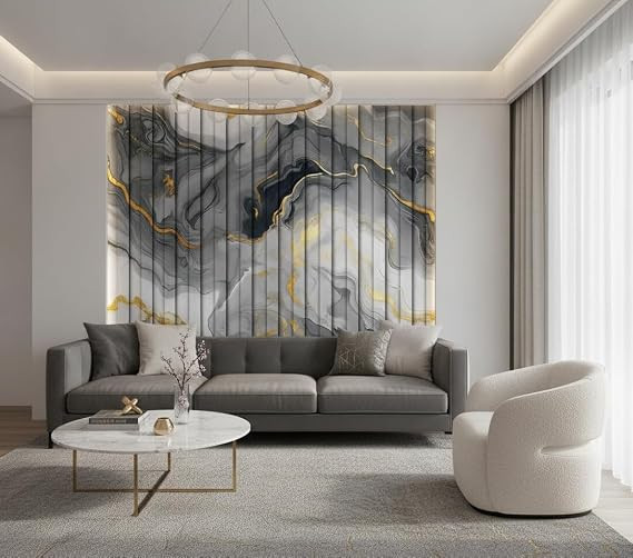 Grey Gold Louvers Self-Adhesive Kitchen Wallpaper Roll, PVC 3D Wall Sticker Oil Proof, Waterproof & Washable Wallpaper for Home Decor, Living Room, Bedroom, Hotel & Café Walls (45x300cm)