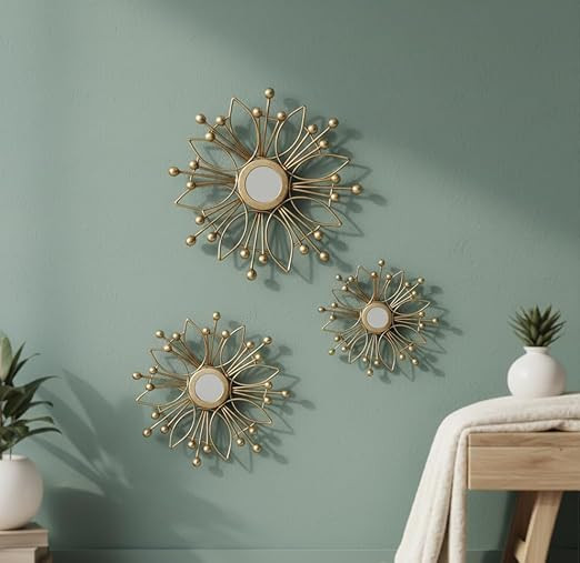 Metal Wall Art with Mirror for living room and Home Decorations, Metal Wall Hanging Decoration for Living Room Office Bedroom,| Gift Items (Pack of 3 different sizes)