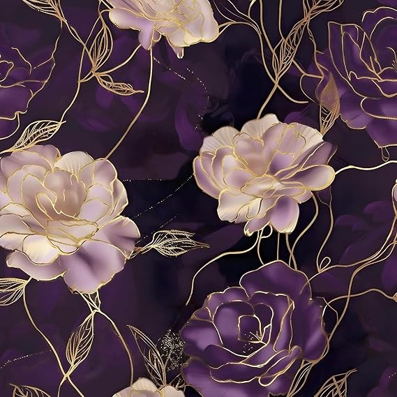 Self-Adhesive Kitchen Wallpaper Roll,PVC 3D Wall Sticker Oil Proof, Waterproof &Washable Purple and Gold Floral Wallpaper for Home Decor, Living Room,Bedroom,Kitchen wall Stickers (45x300cm)