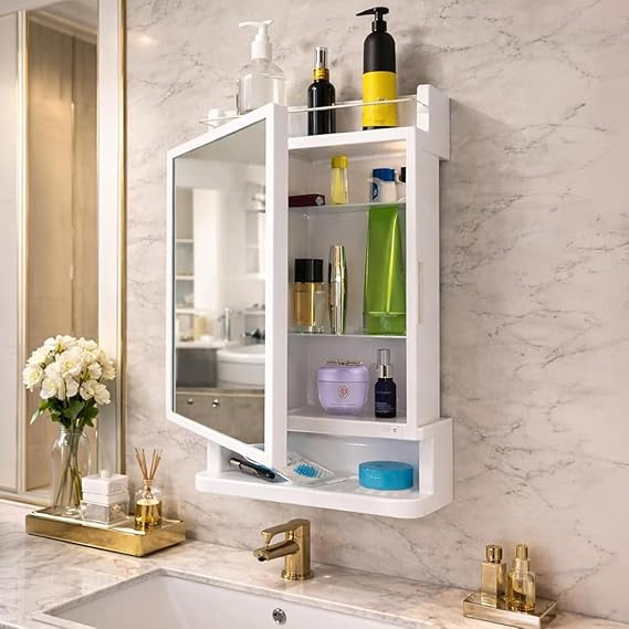 Premium Look Plastic Wall Mounted Bathroom Mirror Cabinet with Storage | Waterproof Storage Organizer with Shelves | Bathroom Accessories (White)