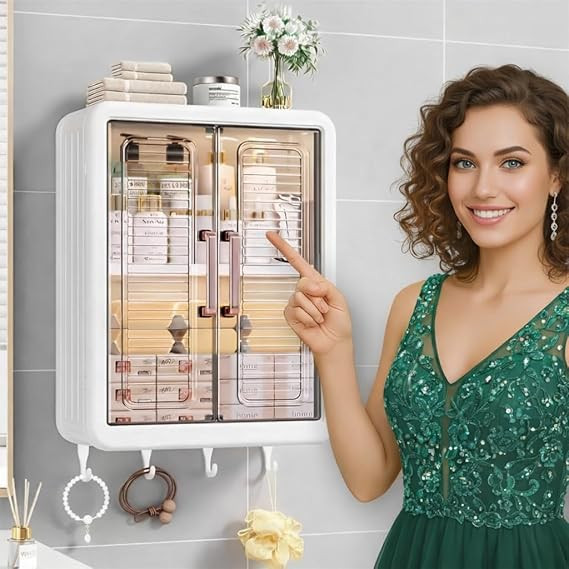 𝟑 𝐒𝐡𝐞𝐥𝐯𝐞𝐬 Multipurpose Bathroom Organiser Without Drill Plastic Wall Mounted Storage Cabinet for Kitchen and Bathroom with Shelves & Door| Organiser for, Essentials, Makeup, Skincare (White)