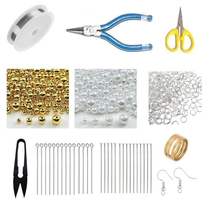 Jewelry Making Supplies Material Kit- Jewelry Repair Tool with Accessories Jump Ring, Eye Pin, Head Pin, Ear Clasps, Cutter, Scissor, Beading Wire & Beads |455 Pieces|