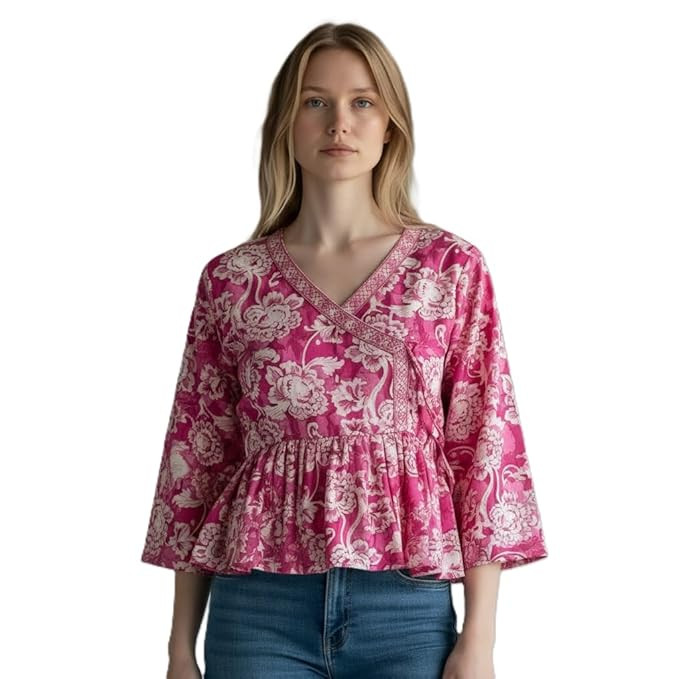 Peplum Top for Women – Jaipuri Cotton Short Kurti for Latest | Lace Detail 3/4 Sleeve Ethnic Tunic Tops for Women | Peplum Top Size XL
