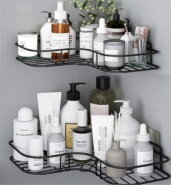 Self-Adhesive Shelf/Storage Organizer for Bathroom and Kitchen Corner Wall Mounted Rack Shelf Bathroom Accessories No Drilling Adhesive Storage Rack|New Black Pack of 1