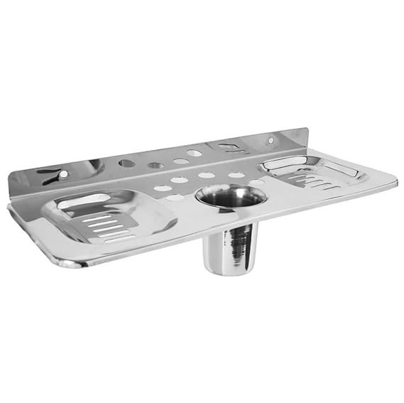 Stainless Steel 4 in 1 Oval Multipurpose Double Soap Dish Tooth Brush Holder Home Bathroom Accessories Bathroom Wall Shelf (Set of 1)