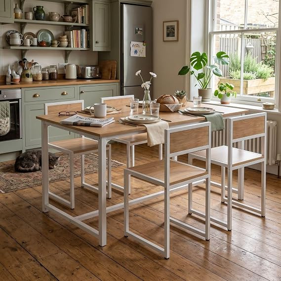 4 Seater Dining Table Set for Home, Compact Space Saving Dining Table with 4 Chairs, Metal Frame & Engineered Wood Top, Modern Kitchen Table Set for Dining Room, Apartment & Small Spaces