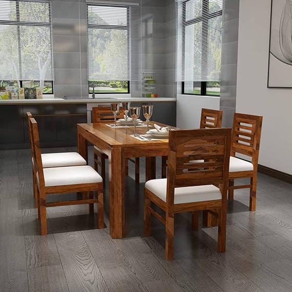 Sheesham Wood 6 Seater Dining Table with Cushioned Chair for Living Room Home Dining Room Furniture Set (Honey)