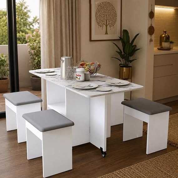 4 Seater Folding Dining Table with Inbuilt Seating | Engineered Wood Space-Saving Dining Table on Lockable Wheels (Matte Finish) (Marble Finish Laminate Top & White)