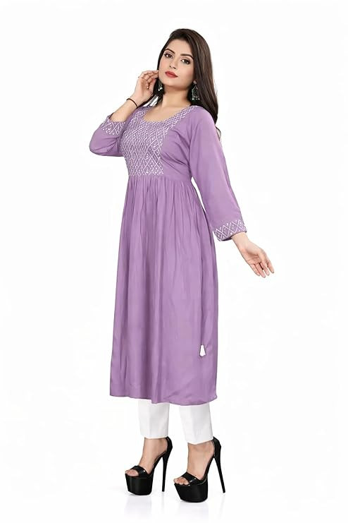Women's Anarkali Kurti, Floral Printed Pink Tiered Gown with Embroidered Yoke, 3/4 Sleeves