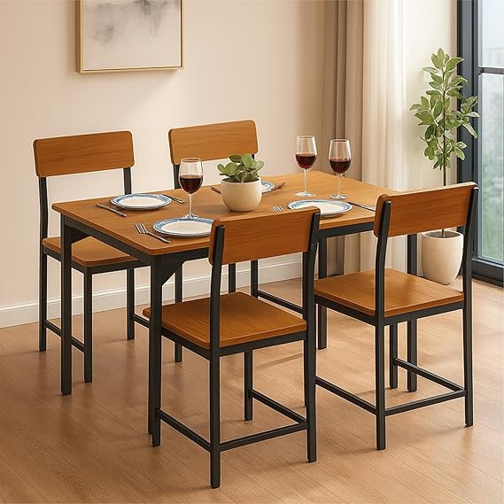 4 Seater Dining Table Set for Home | Compact Modern Dining Table with 4 Chairs | Ideal for Kitchen, Dining Room – Walnut Finish