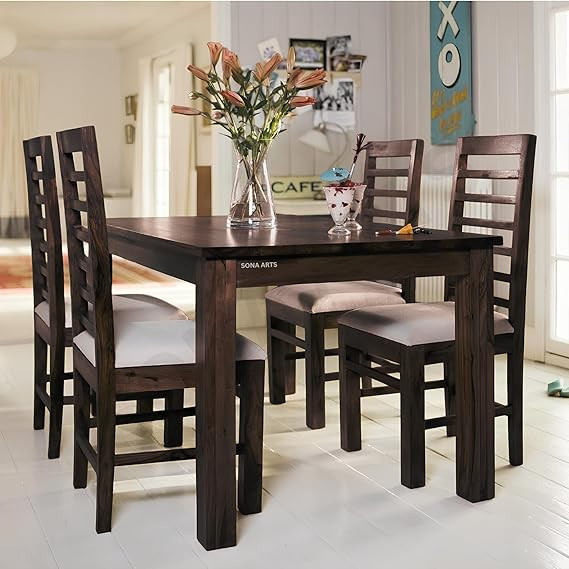 Luxe Solid Sheesham Wood Dining Table Set of 4 Seater Dinner Dinning Table with 4 Cushion Chair for Dining Furniture for Living Room Home Hotel Office Self Assembly (Dark Mahogany)