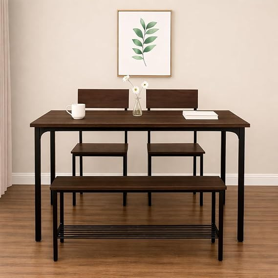 Dining Table Set of 4 with Bench & Chairs, 4 Seater Table, Engineered Wood Top & Metal Frame, Space Saving Compact Furniture for Home & Kitchen (Dark Maple- DIY)