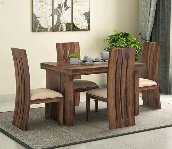 Sheesham Wood 4 Seater Dining Table with Cushioned Chairs Dining Room Furniture Set Wooden Dinner Table for Living Room Home and Restaurant (Natural Teak Finish)