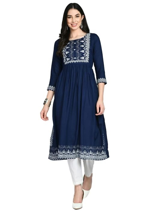 Women Casual SummerSelf Design Round Neck 3/4th Anarkali Layered Rayon Kurti_25