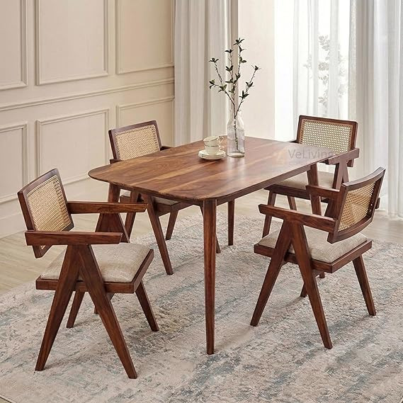 Solid Sheesham Wood 4 Seater Dining Table Set with Cane Back Chairs with Cushions for Dining Room | Living Room | Home & Office | Hotels Restaurant & Cafe (Honey Finish)