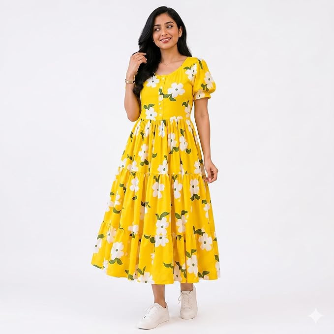 Women's Floral Printed Rayon Tiered Midi Dress | Summer Comfortable Yellow Flare Kurti Lightweight Use Summer Outfit for Girls & Women