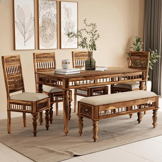 Solid Sheesham Wood 6 Seater Dining Table Set with 4 Chair & 1 Bench with Base Cushion Wooden Dining Room Set for Home Kitchen Modern Dining Room Furniture | Teak Finish