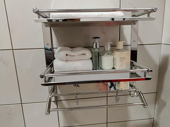 Stainless Steel Double Layer Shelf with Dual Towel Rod I Rust-Proof Wall Mounted Bathroom Rack Shelf Organizer with Hanger Hooks I Bathroom Accessories (Silver Chrome, 42x40 CM)