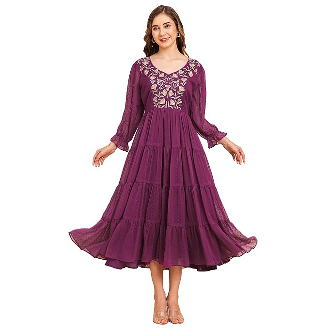 Women's Floral Embroidered Puff Sleeve Chiffon Flared Tiered Kurta Gown Maxi Dress
