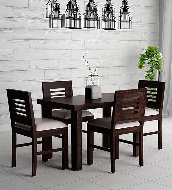Sheesham Wood 4 Seater Dining Table with 4 Cushion Chairs Wooden Dining Table Set for Home Hall Living Room (Dark Walnut Finish)