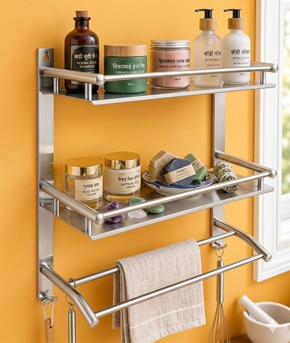 Stainless Steel Bathroom Shelf with Towel Rack, 2 Tier Wall Mounted Bathroom Organizer, Rust Proof Bathroom Accessories Shelf for Shampoo, Soap, Toiletries, Kitchen and Wash Basin Storage