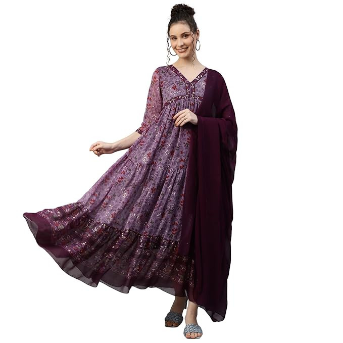 Women Casual SummerSelf Design Round Neck Full-Length Anarkali Layered Rayon Kurti
