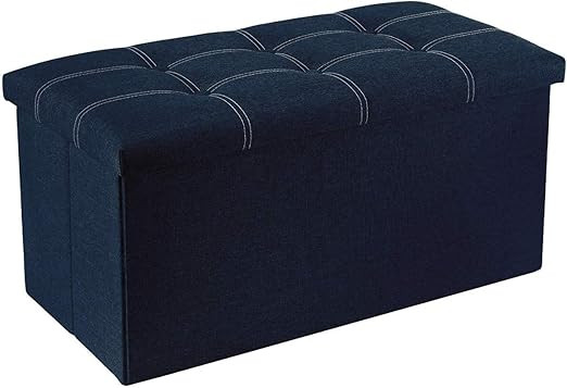Folding Storage Ottoman Bench, Footrest Couch for Living Room, Storage Bench with Padded Seat for Bedroom Hallway, Holds Up to 350lbs, Linen Fabric Ottoman Bench (Navy Blue, 76 X 38 X 38 cm)