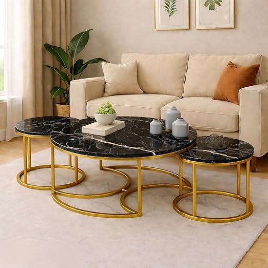 Brown Art SHOPPEE Round Coffee Table Home Décor Furniture Coffee Table Sets,3Piece MDF Top,Stacking Nesting Table with Iron Frame for Living Room Living Room or Lounge (Golden Black)