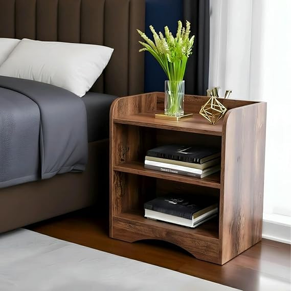 Side Tables for Bedroom, Bed Side Tables for Bed Room, Wooden End Table with Open Shelves, Bedside Table with Storage, Natural Wood Finish (Rustic)
