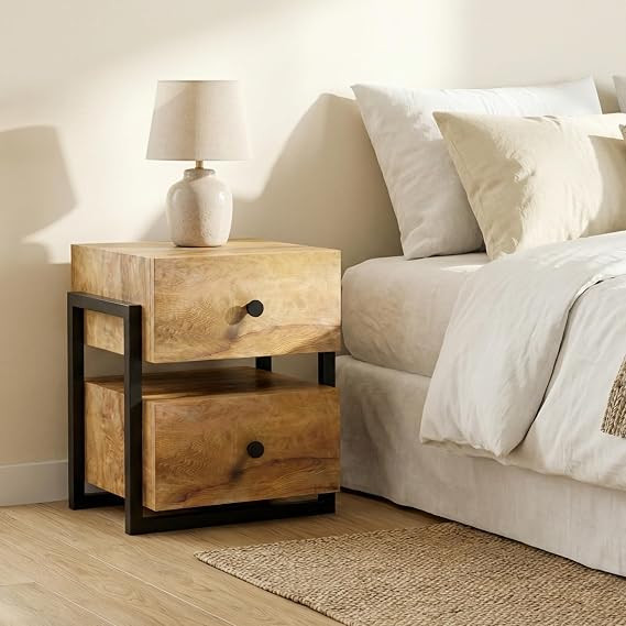 Tables for Bedroom with Drawers | Bedside Table | Bed Side Table for Bedroom with Drawer, Wooden Drawer with Open Shelf, Modern Side Table for Bed Room, White & Brown Finish (DIY).