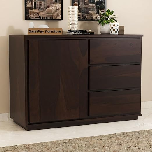 GateWay Furniture Sheesham Wood Wooden 3-Drawer and 2-Shelf Chest of Drawers Wooden for Living Room Storage (Owen,Walnut Finish)