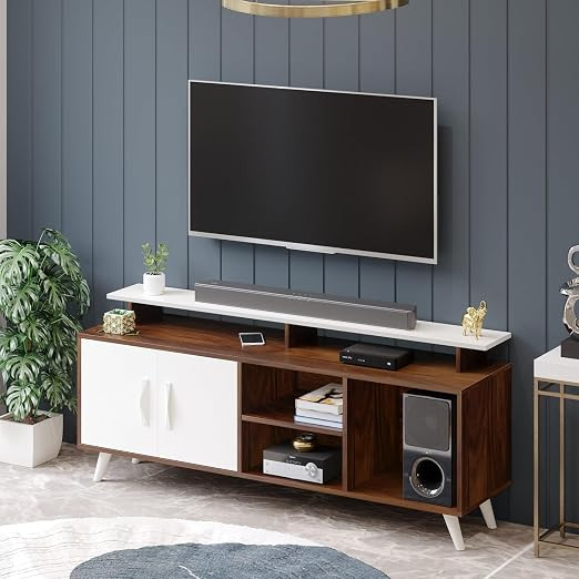 Furniture Café Wooden TV Stand with Cabinets & Open Shelves – Modern Entertainment Unit for Living Room with Storage Space for Set-Top Box, Speakers & Décor (Walnut & White Finish)